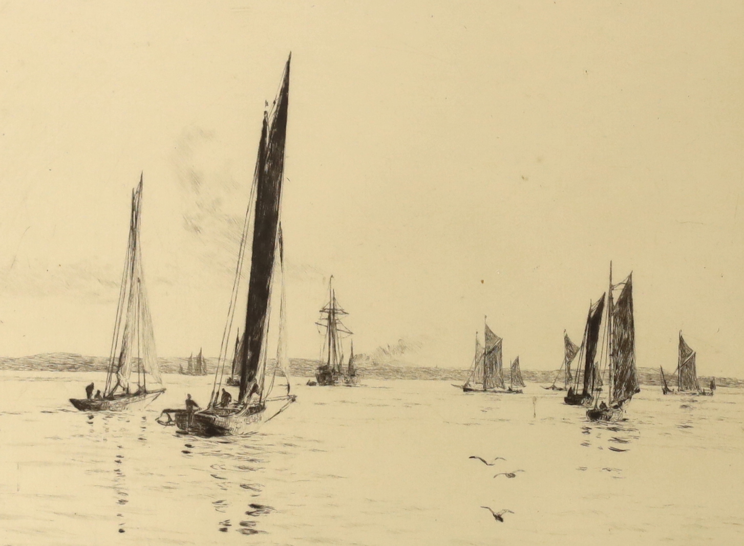 William Lionel Wyllie (1851-1931), etching, Sailing boats off the coast, signed in pencil, 14 x 17.5cm